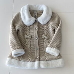 Rachel Zoe 2T Beige Knit Cardigan with White Faux Fur Bows Christmas Winter